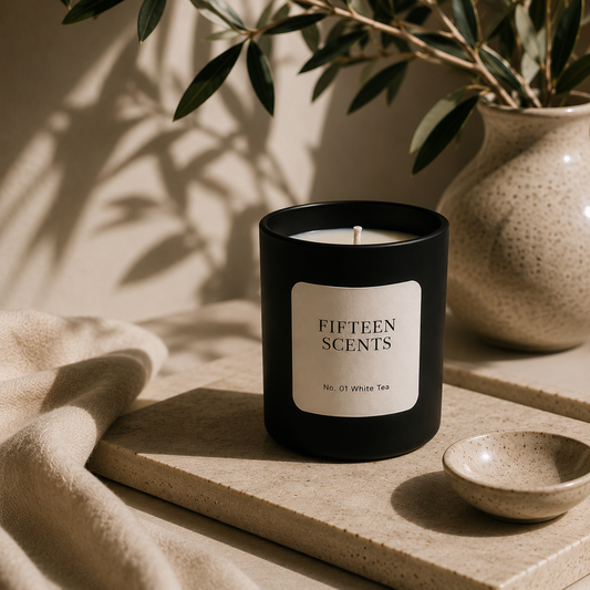 Black candle labeled 'Fifteen Scents' on a stone surface with a plant in the background