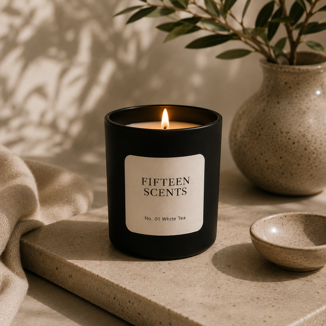 Candle labeled 'Fifteen Scents' on a stone surface with a plant and bowl in the background